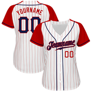 Custom White Red Pinstripe Navy-Red Authentic Raglan Sleeves Baseball Jersey