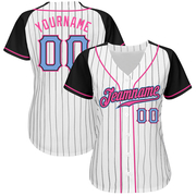 Custom White Black Pinstripe Light Blue-Black Authentic Raglan Sleeves Baseball Jersey