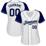 Custom White Navy Pinstripe Navy-Gray Authentic Raglan Sleeves Baseball Jersey