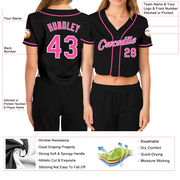 Custom Women's Black Pink-White V-Neck Cropped Baseball Jersey