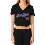 Custom Women's Black Pink-Light Blue V-Neck Cropped Baseball Jersey