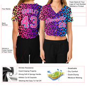 Custom Women's Purple Pink-Light Blue Leopard 3D V-Neck Cropped Baseball Jersey