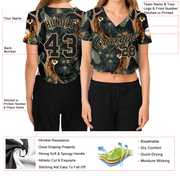 Custom Women's Black Black-Old Gold Tiger And Peacock 3D V-Neck Cropped Baseball Jersey