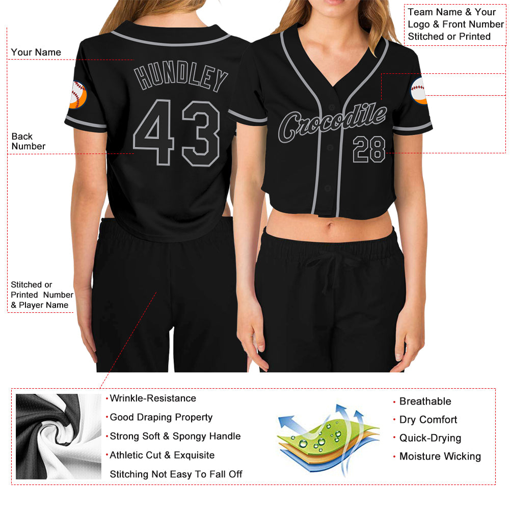 Custom Women's Black Black-Gray V-Neck Cropped Baseball Jersey