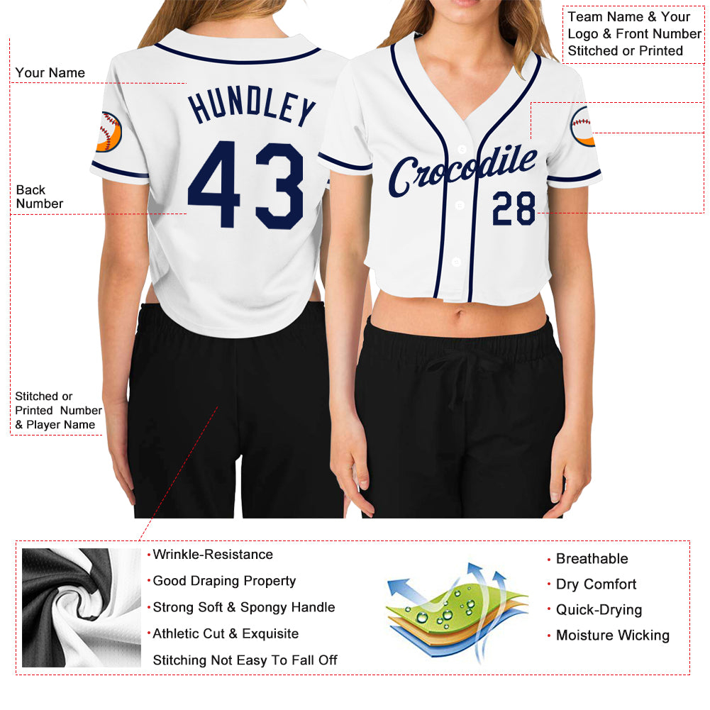 Custom Women's White Navy V-Neck Cropped Baseball Jersey