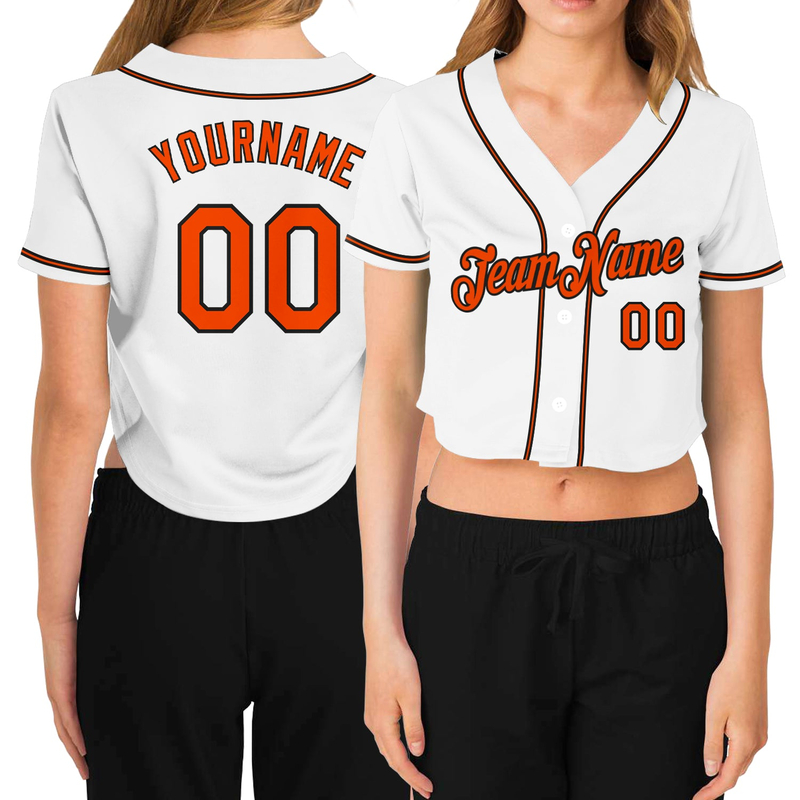 Custom Women's White Orange-Black V-Neck Cropped Baseball Jersey