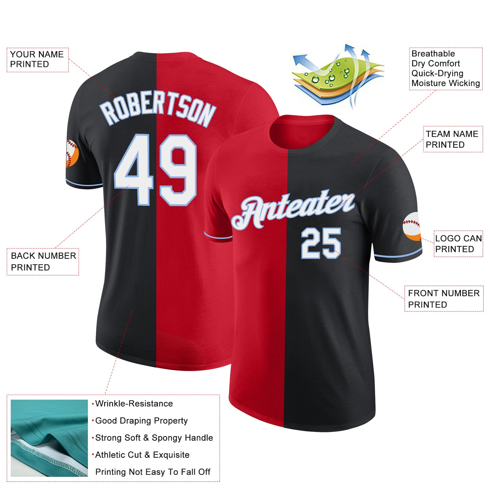 Custom Black Red-Light Blue Split Fashion Performance T-Shirt