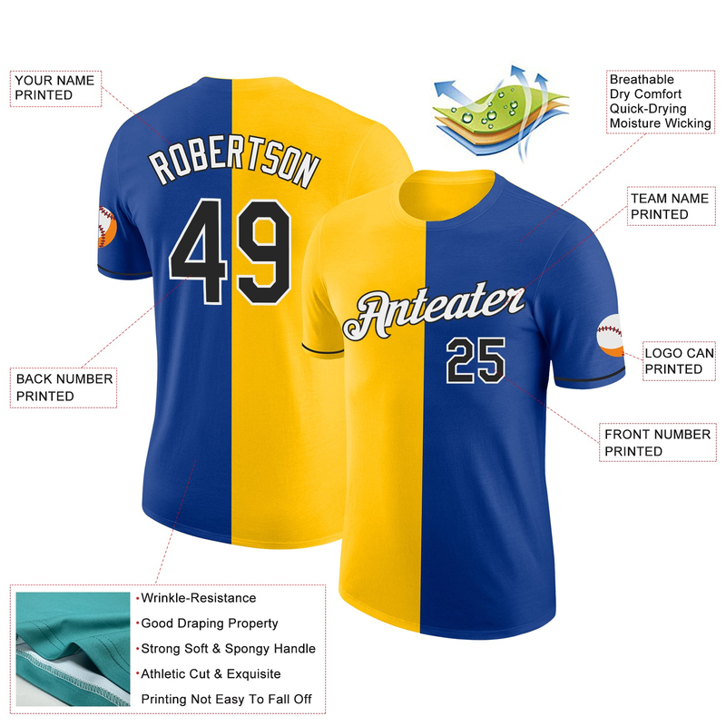 Custom Royal Black-Yellow Split Fashion Performance T-Shirt