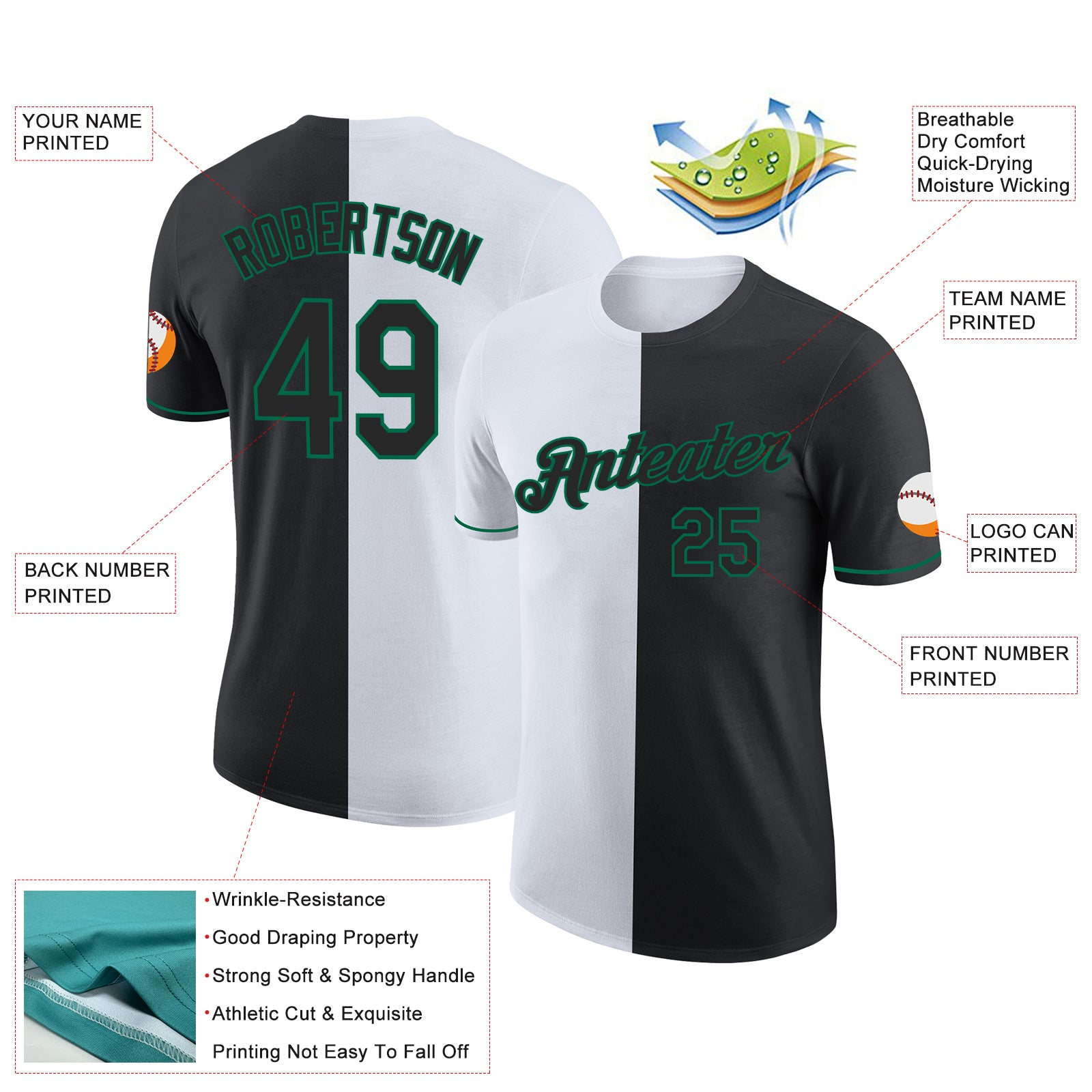 Custom Black White-Kelly Green Split Fashion Performance T-Shirt