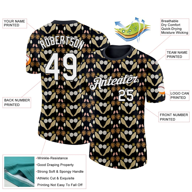 Custom Black White 3D Pickleball Paddles Balls Floral Performance T-Shirt