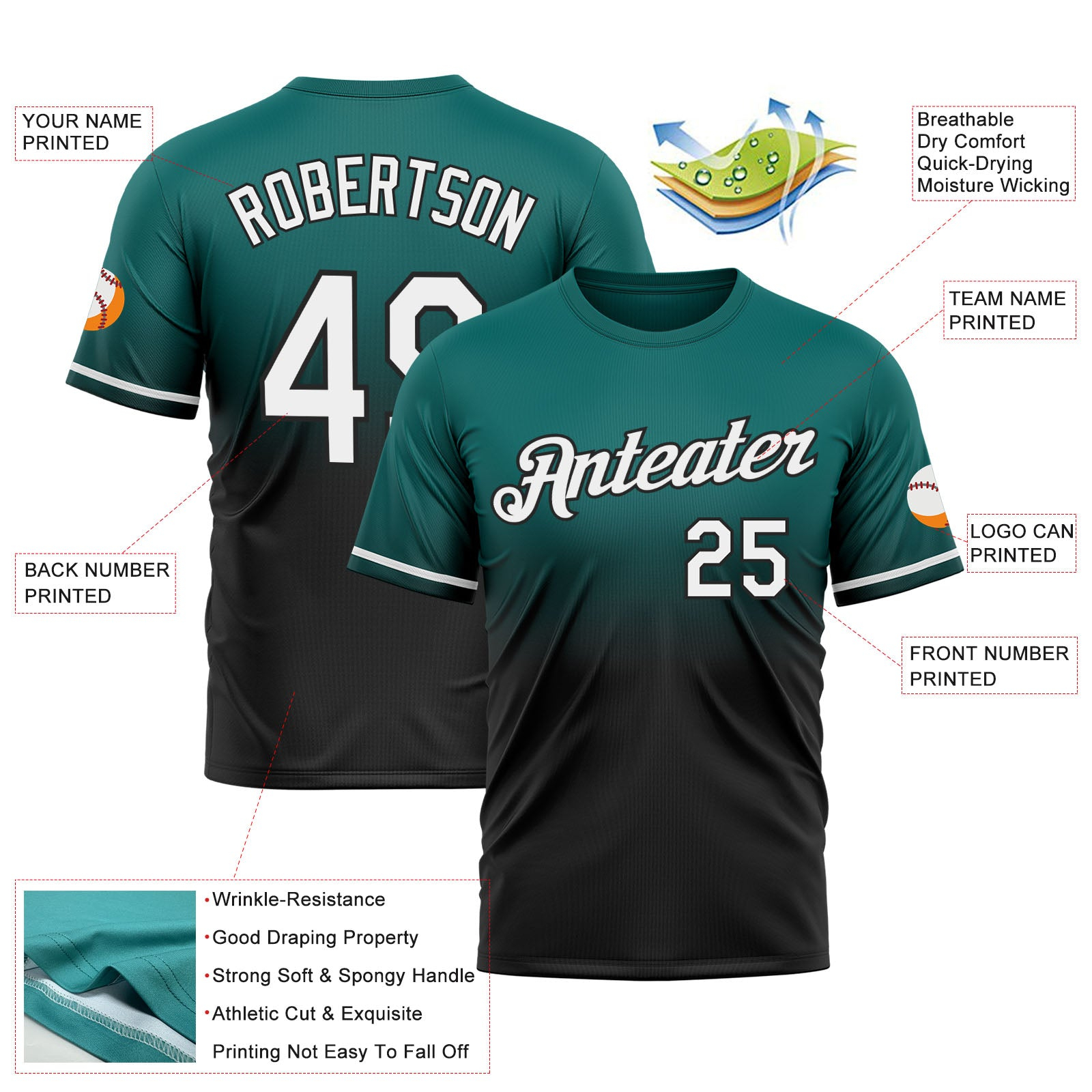 Custom Teal White-Black Fade Fashion Performance T-Shirt