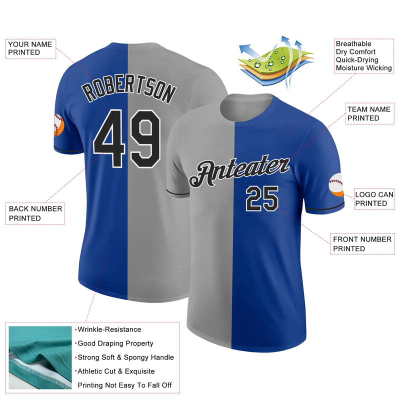 Custom Royal Black-Gray Split Fashion Performance T-Shirt