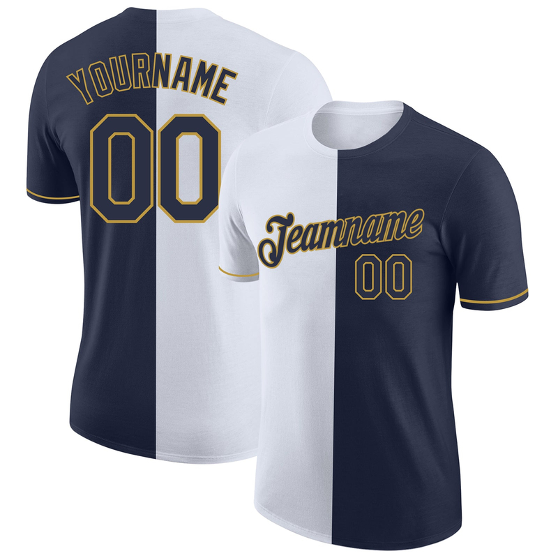 Custom Navy White-Old Gold Split Fashion Performance T-Shirt
