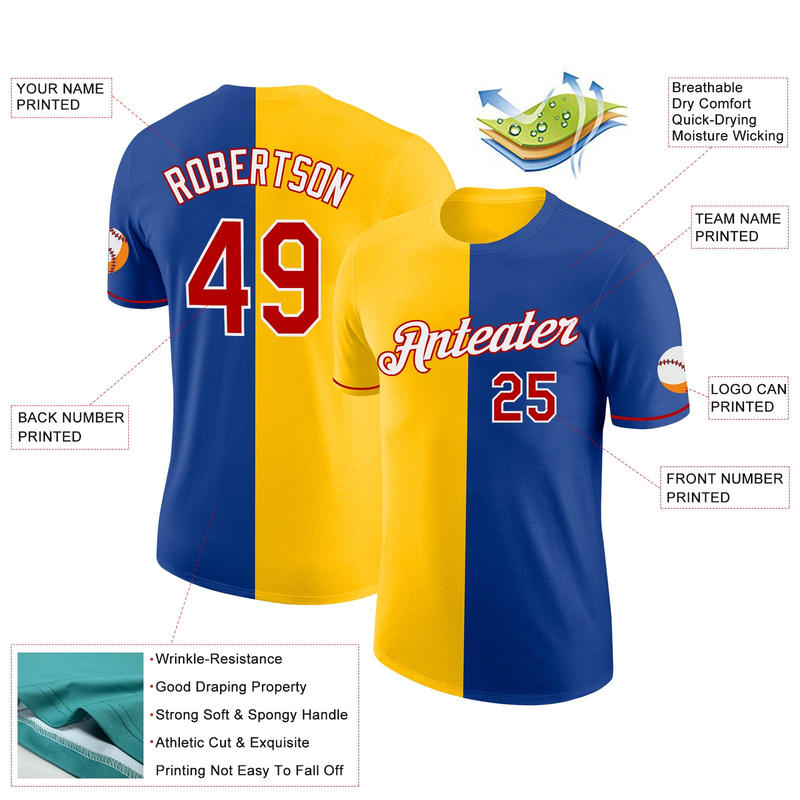 Custom Royal Red-Yellow Split Fashion Performance T-Shirt