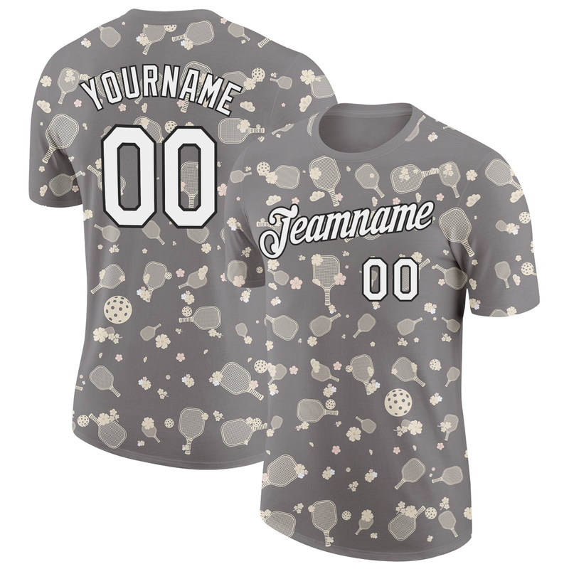 Custom Gray White-Black 3D Pickleball Paddles Balls Floral Performance T-Shirt