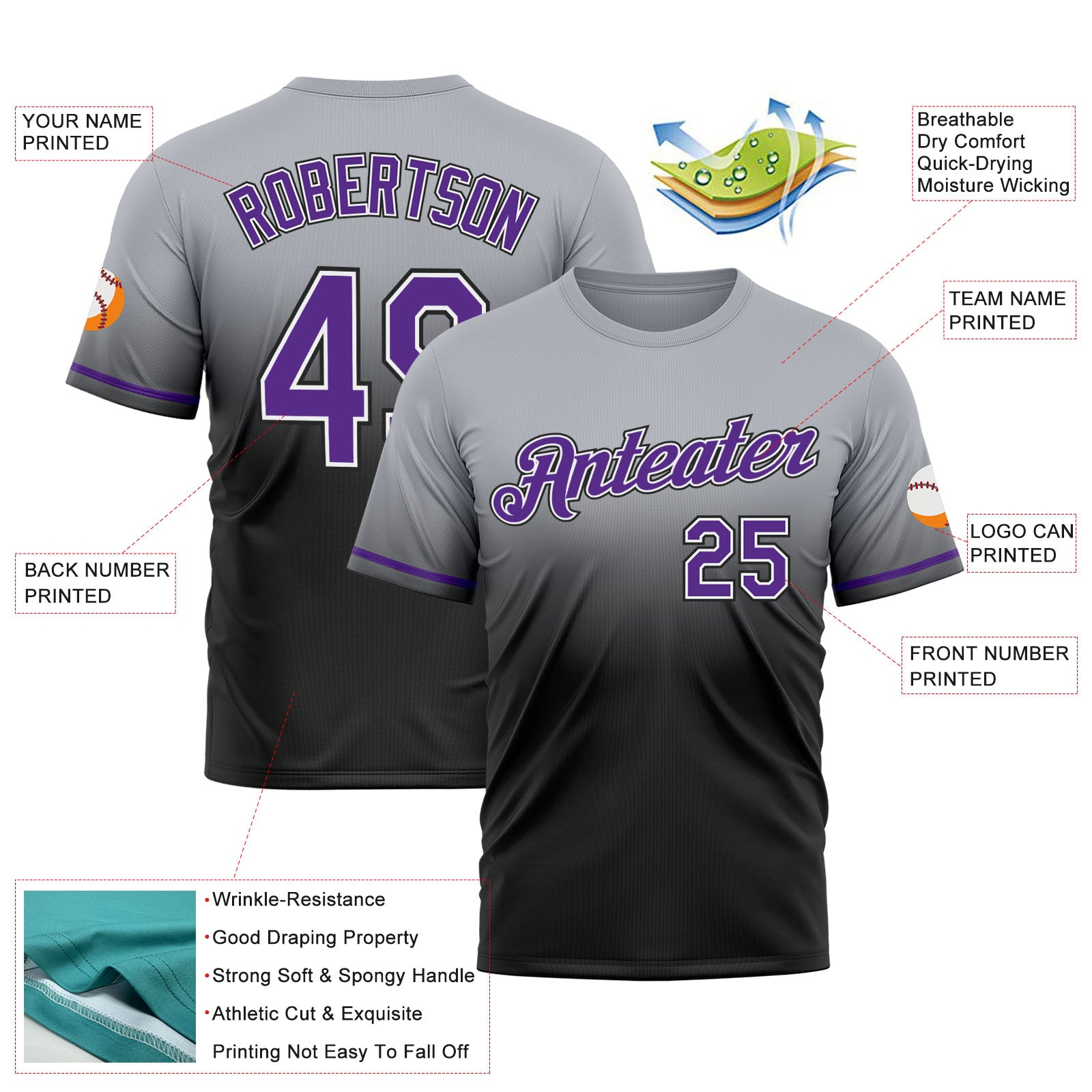 Custom Gray Purple-Black Fade Fashion Performance T-Shirt