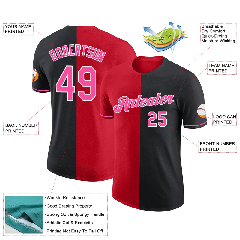 Custom Black Pink-Red Split Fashion Performance T-Shirt