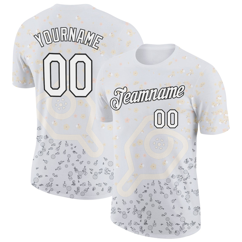 Custom White Black 3D Pickleball Paddles Balls Floral Performance T-Shirt