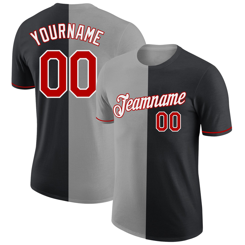 Custom Black Red-Gray Split Fashion Performance T-Shirt