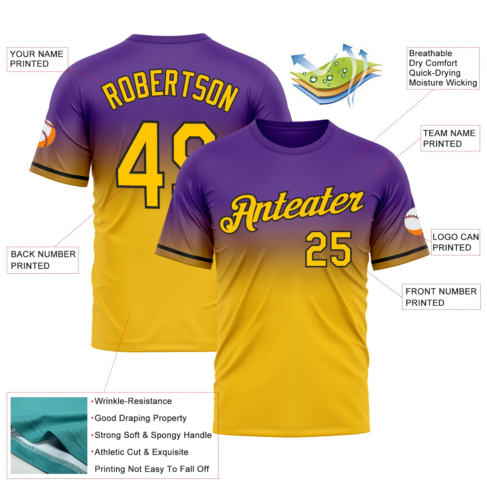 Custom Purple Yellow-Black Fade Fashion Performance T-Shirt