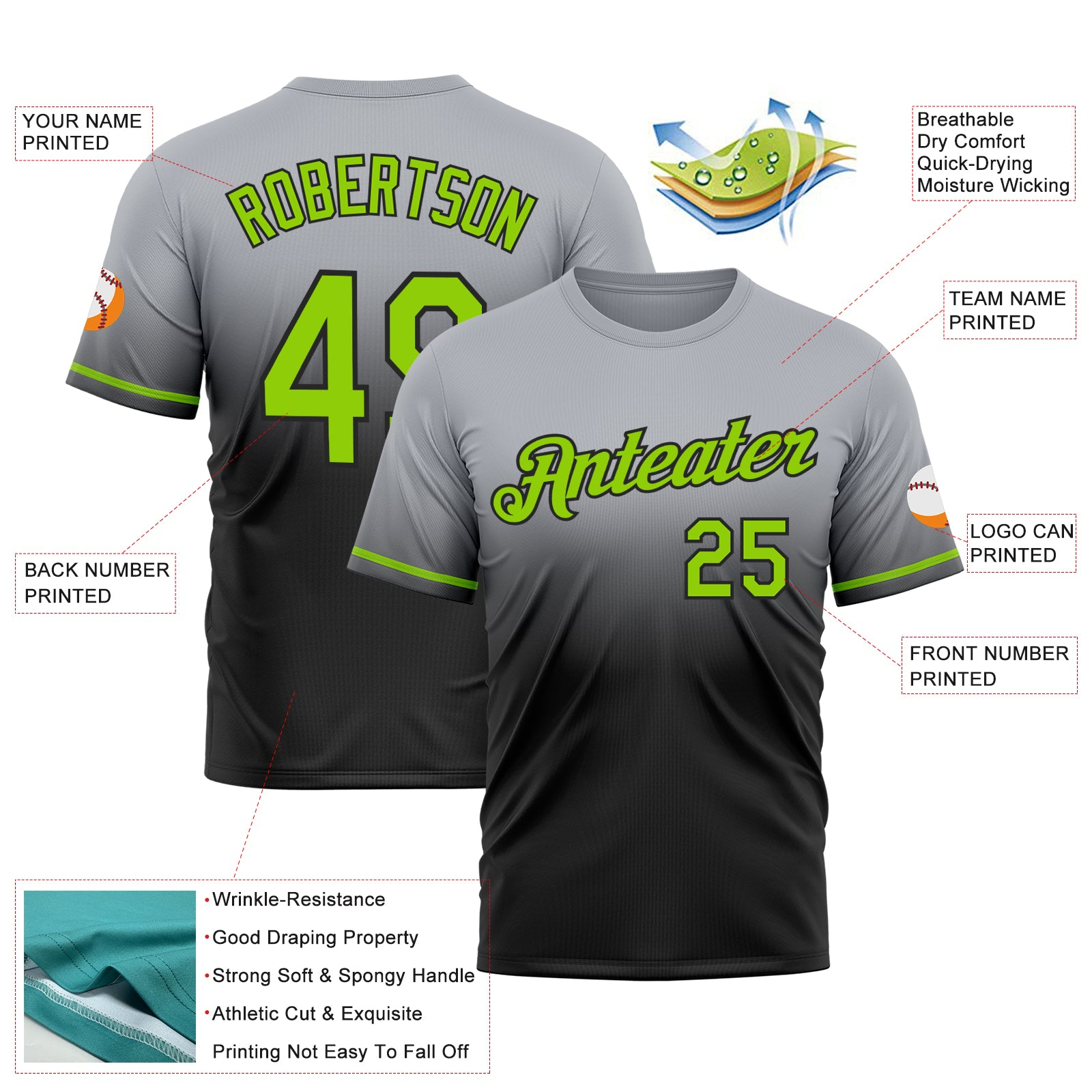 Custom Gray Neon Green-Black Fade Fashion Performance T-Shirt