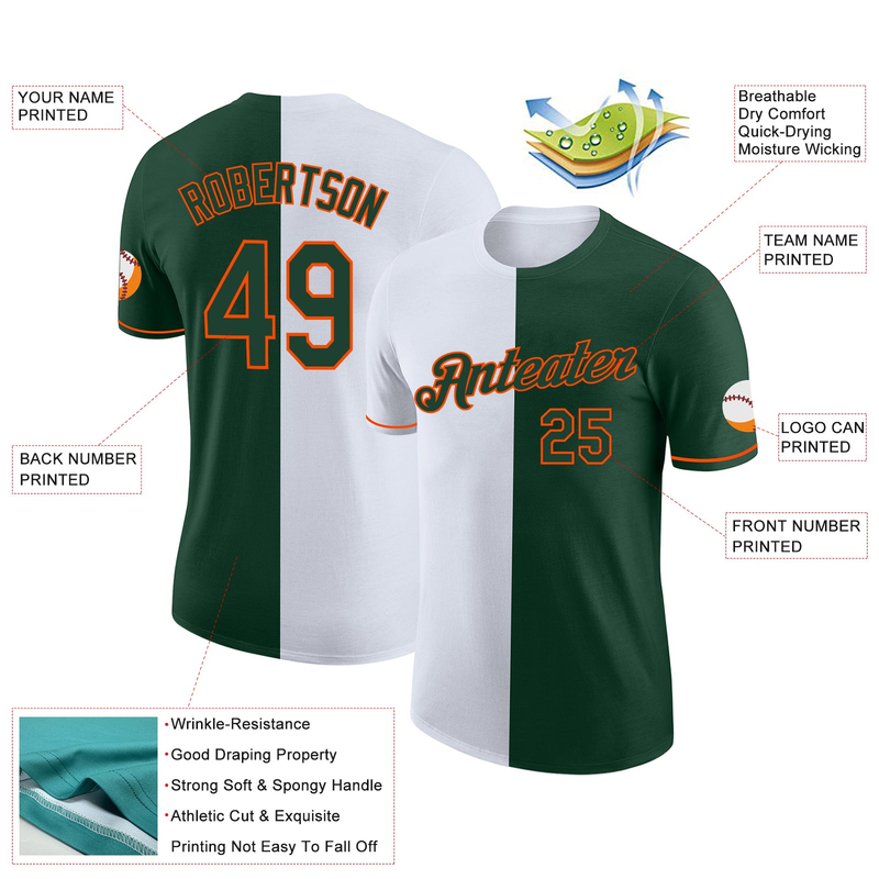 Custom Green White-Orange Split Fashion Performance T-Shirt