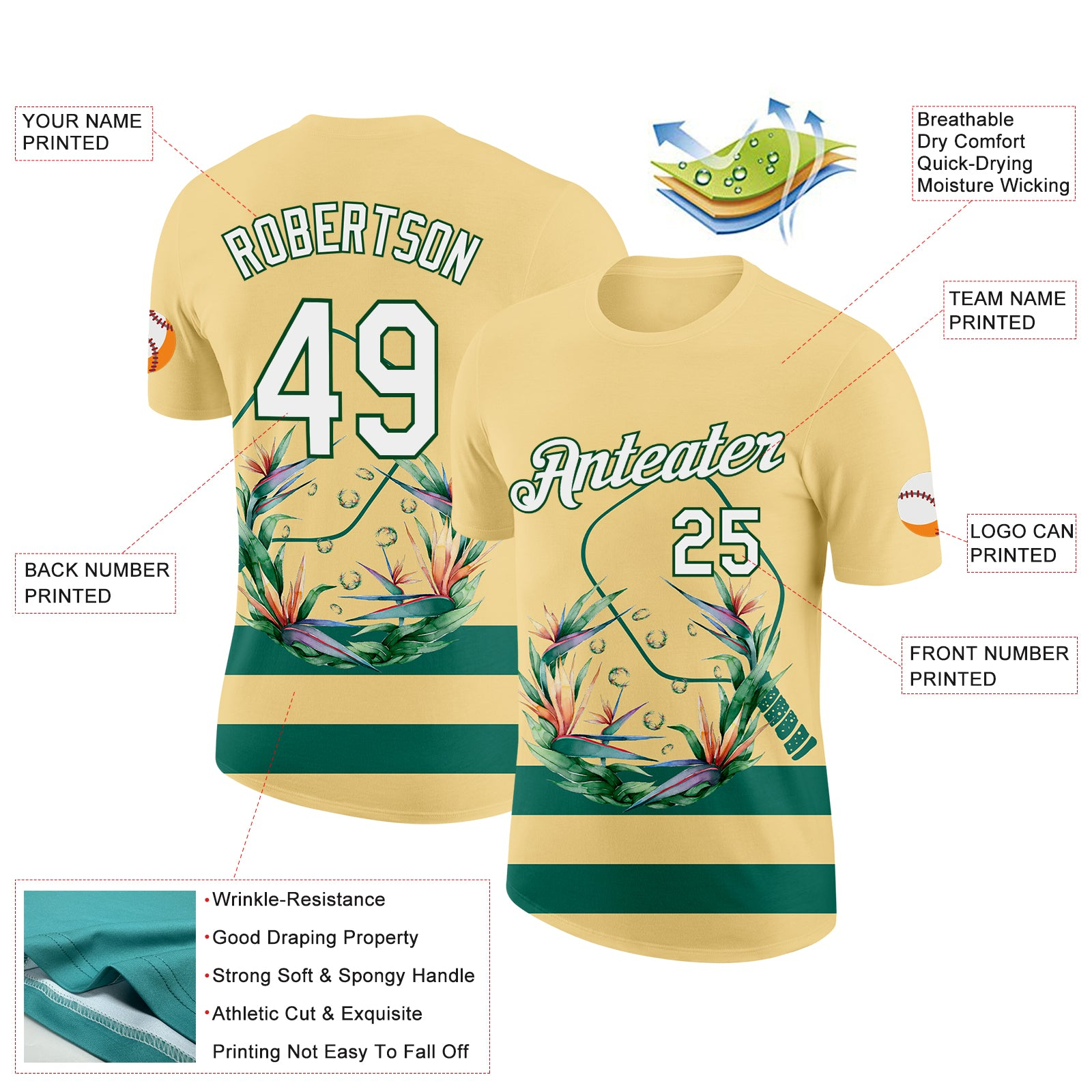 Custom Yellow White-Green 3D Pickleball Paddles Balls Floral Performance T-Shirt