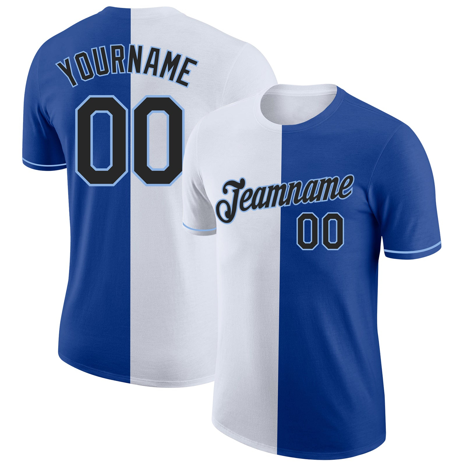 Custom Royal Black-Light Blue Split Fashion Performance T-Shirt