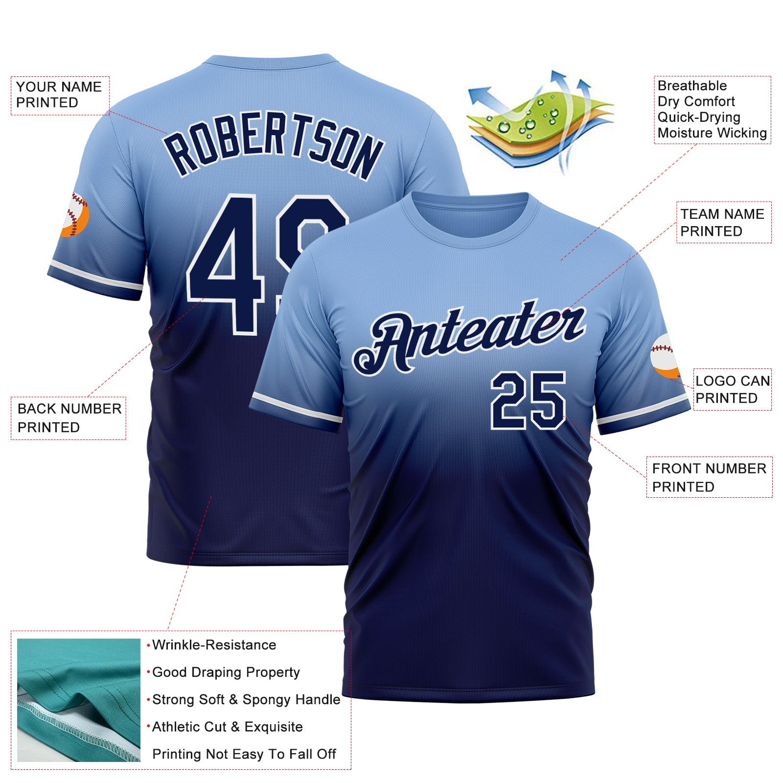 Custom Light Blue Navy-White Fade Fashion Performance T-Shirt