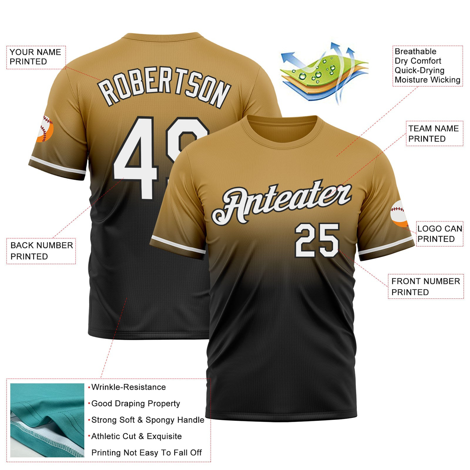 Custom Old Gold White-Black Fade Fashion Performance T-Shirt