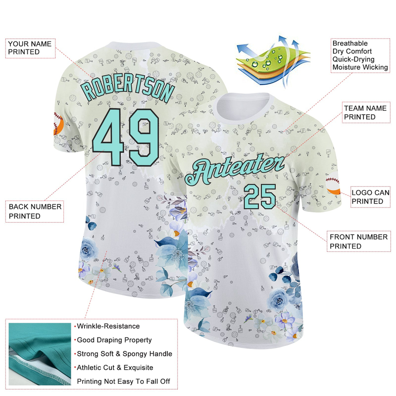 Custom White Ice Blue-Black 3D Pickleball Paddles Balls Floral Performance T-Shirt