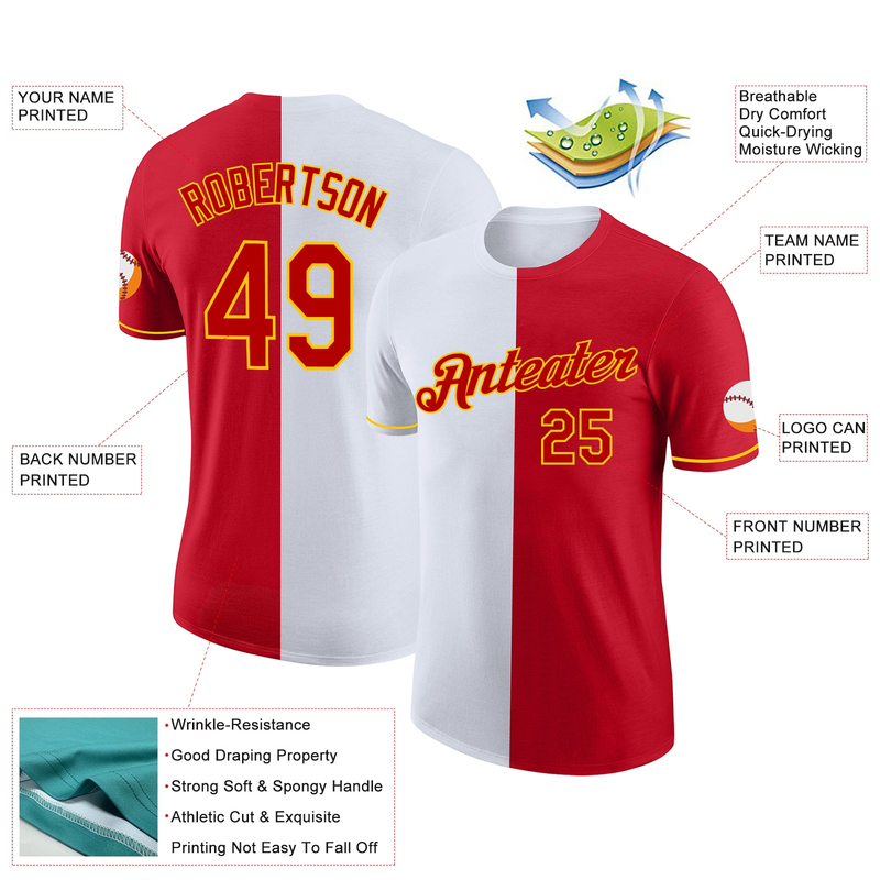 Custom Red White-Yellow Split Fashion Performance T-Shirt