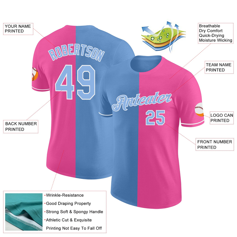 Custom Pink Light Blue-White Split Fashion Performance T-Shirt