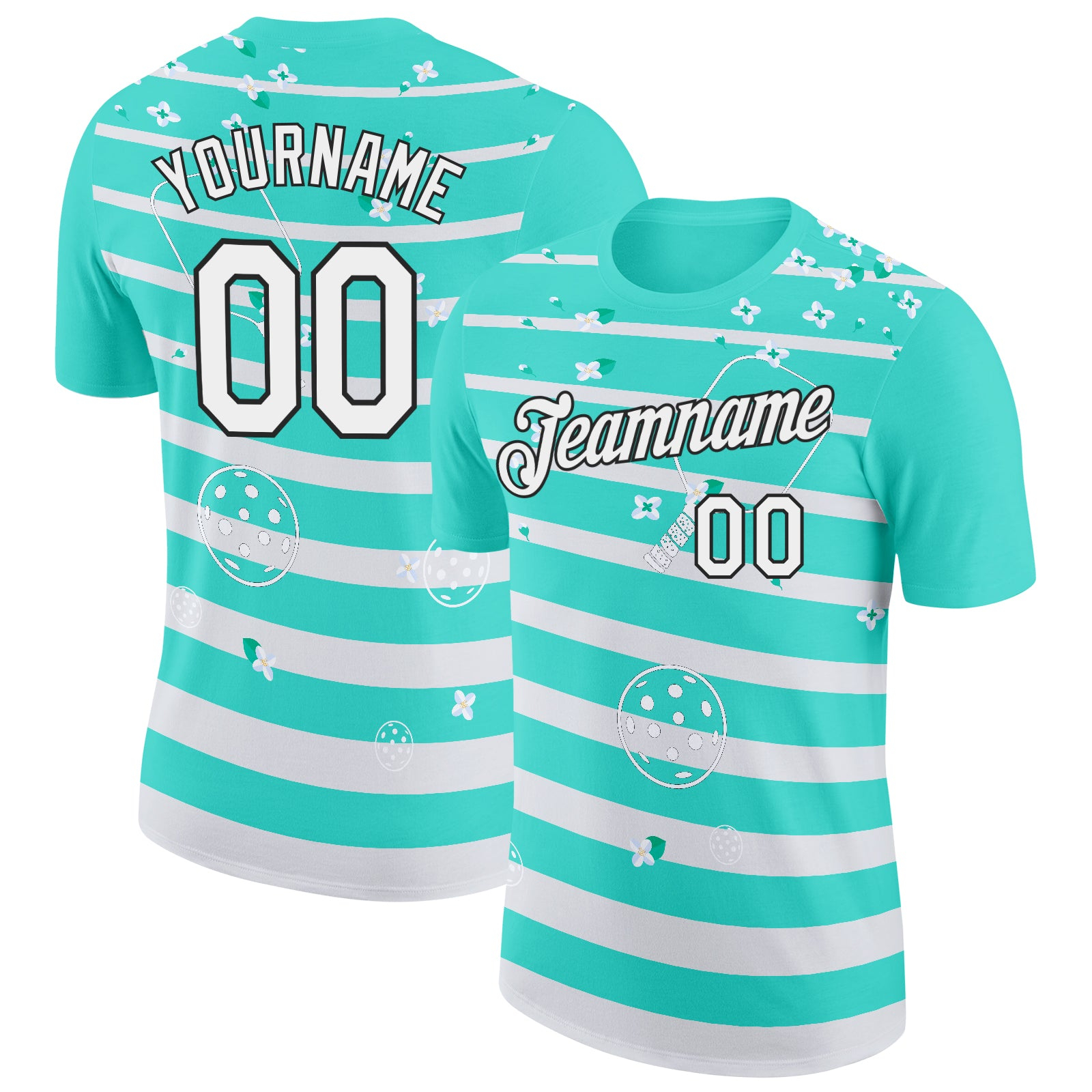 Custom Green White-Black 3D Pickleball Paddles Balls Floral Performance T-Shirt