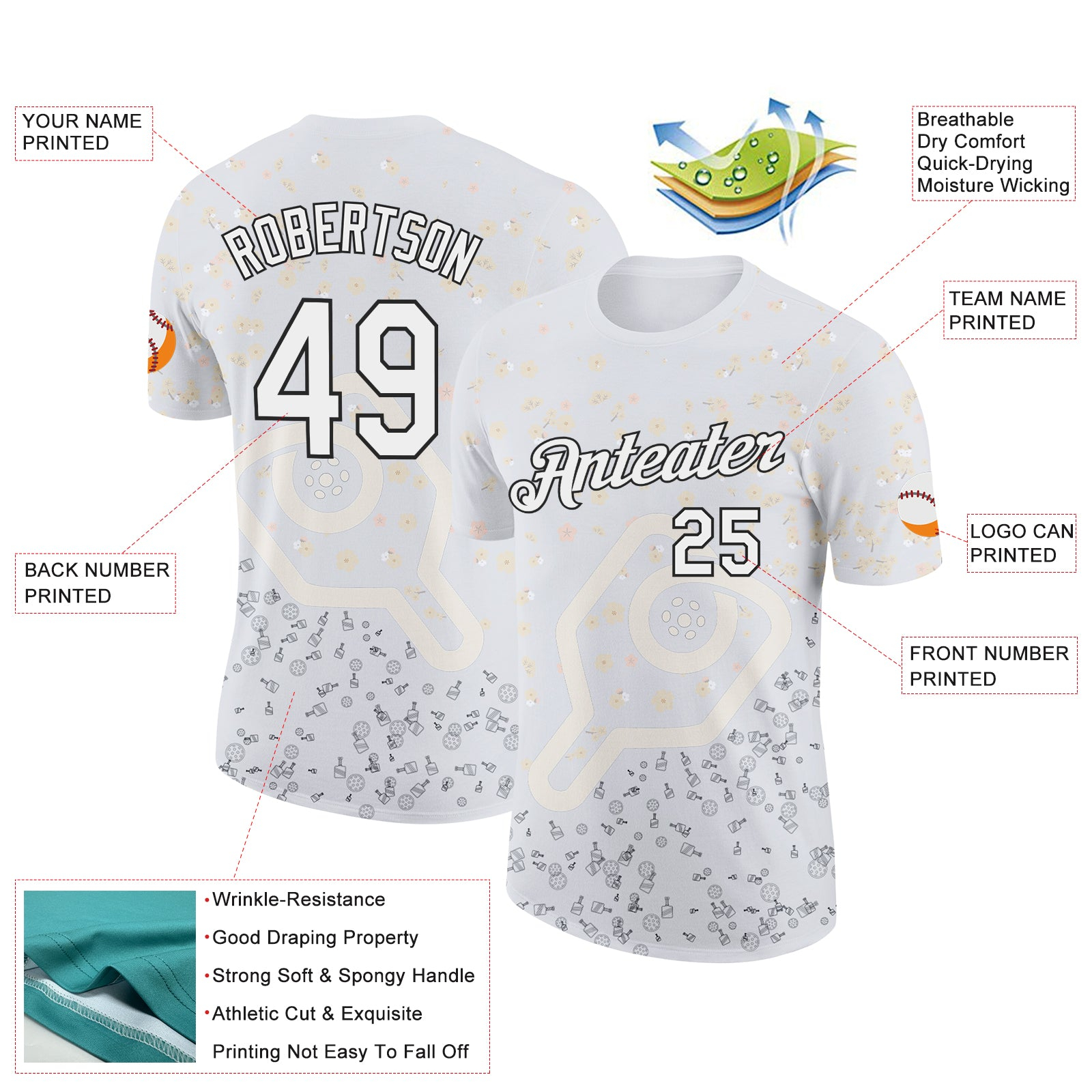 Custom White Black 3D Pickleball Paddles Balls Floral Performance T-Shirt