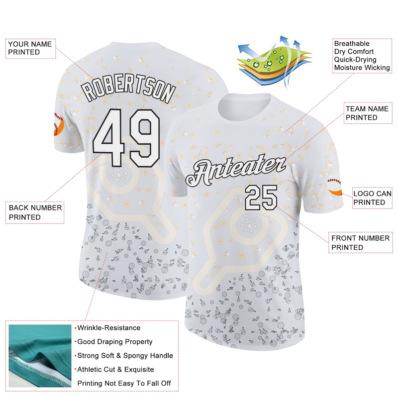 Custom White Black 3D Pickleball Paddles Balls Floral Performance T-Shirt