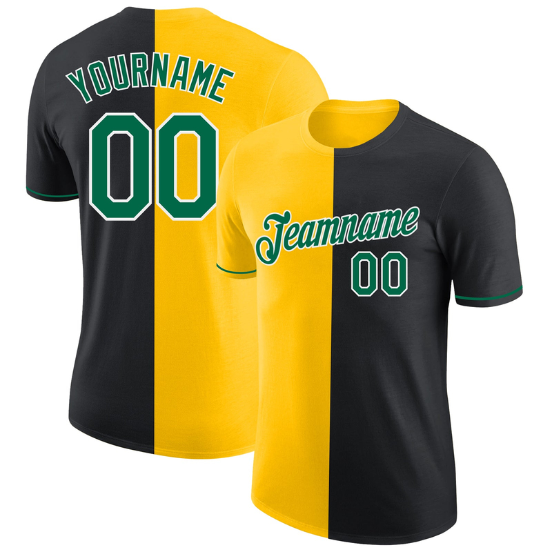 Custom Black Kelly Green-Yellow Split Fashion Performance T-Shirt