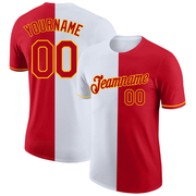 Custom Red White-Yellow Split Fashion Performance T-Shirt