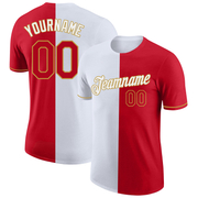 Custom Red White-Old Gold Split Fashion Performance T-Shirt