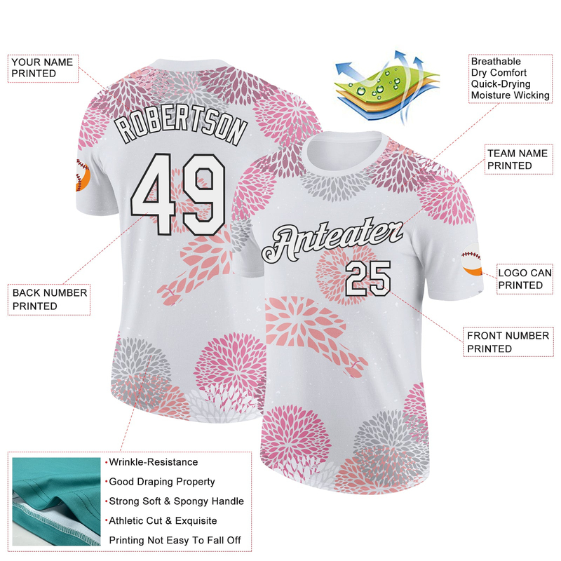 Custom White Black 3D Pickleball Paddles Balls Floral Performance T-Shirt