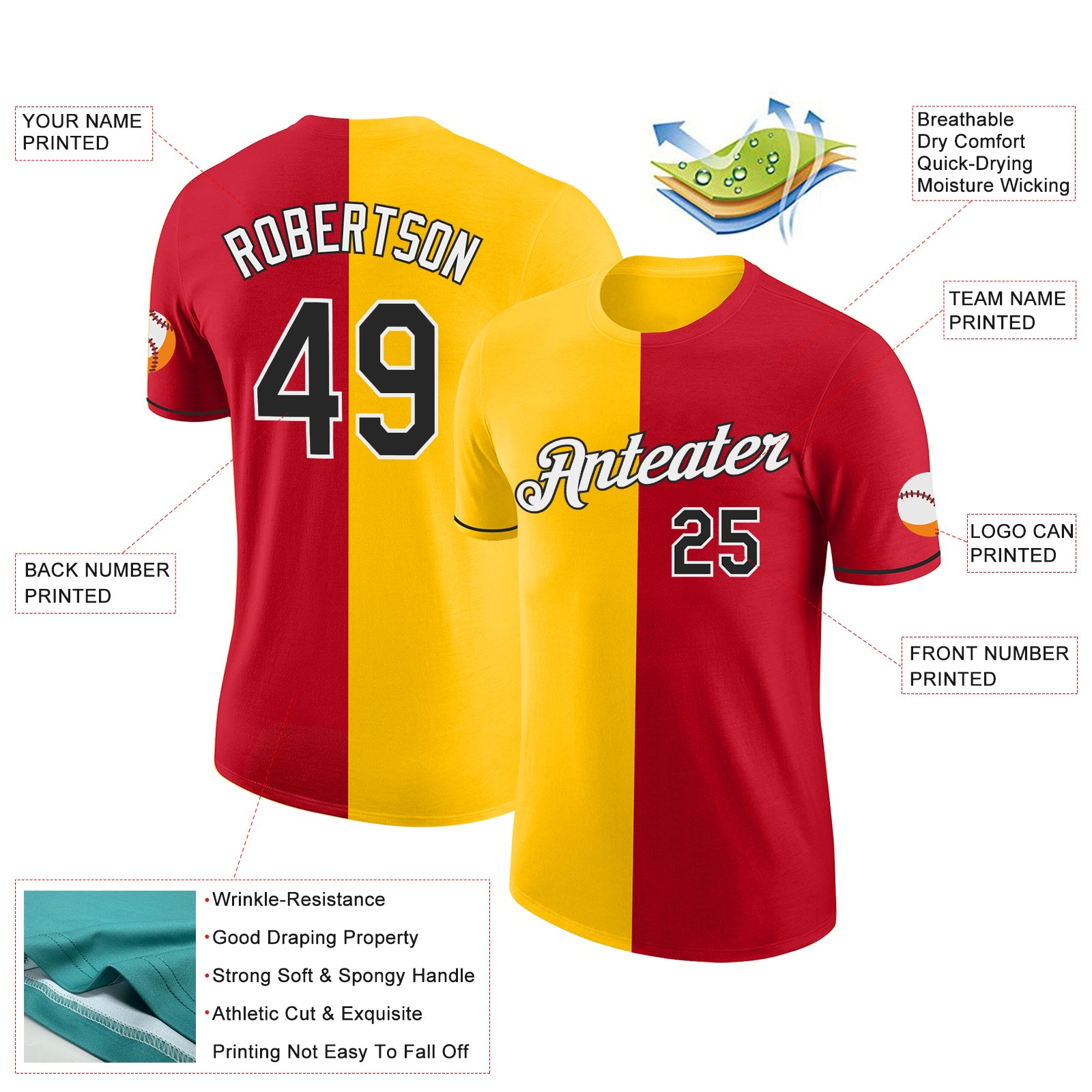 Custom Red Black-Yellow Split Fashion Performance T-Shirt