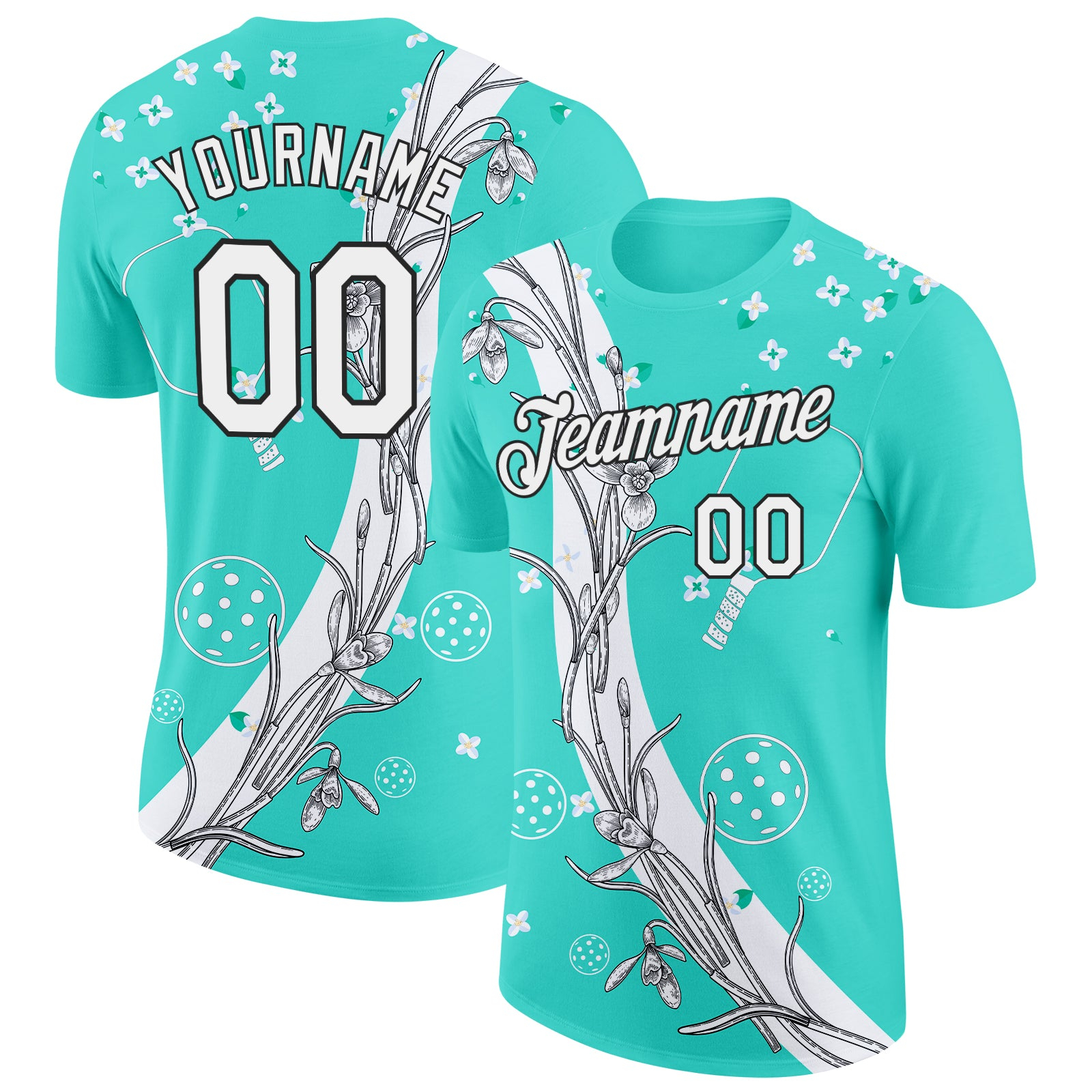 Custom Green White-Black 3D Pickleball Paddles Balls Floral Performance T-Shirt