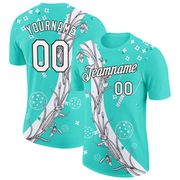 Custom Green White-Black 3D Pickleball Paddles Balls Floral Performance T-Shirt