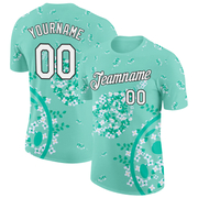 Custom Green White-Black 3D Pickleball Paddles Balls Floral Performance T-Shirt