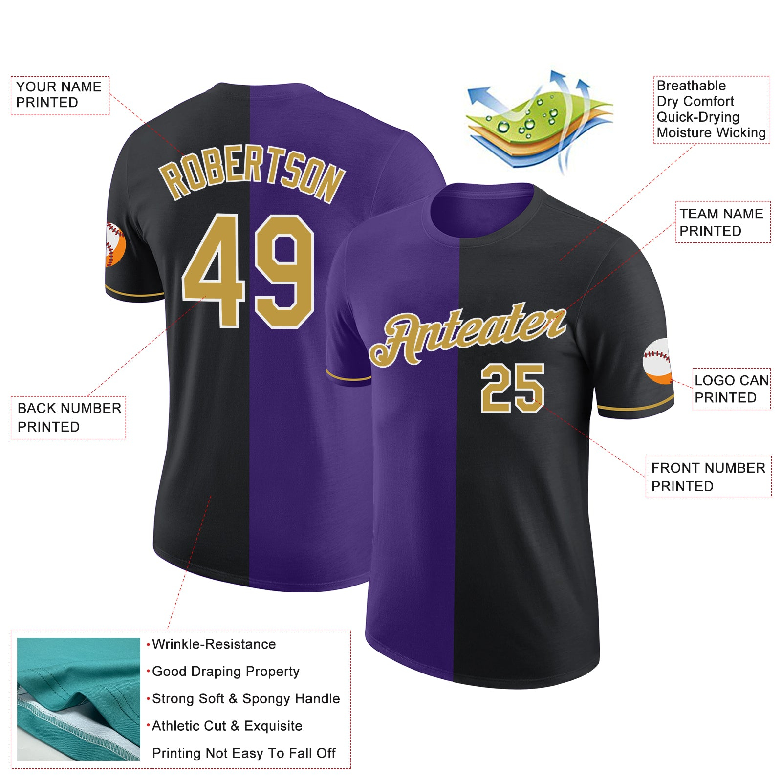 Custom Black Old Gold-Purple Split Fashion Performance T-Shirt