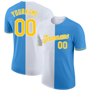 Custom Powder Blue Yellow-White Split Fashion Performance T-Shirt