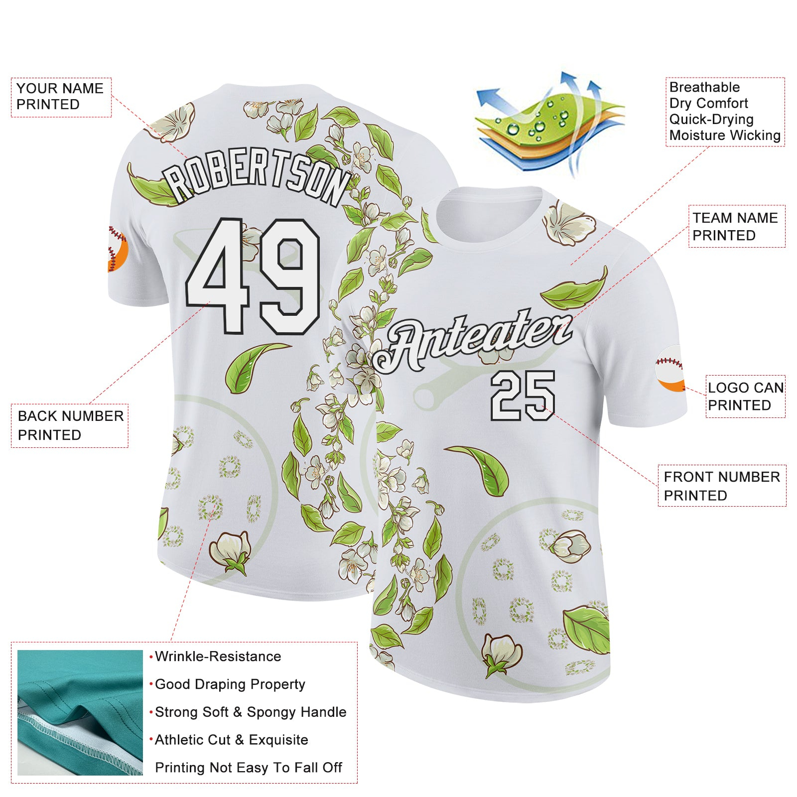 Custom White Black 3D Pickleball Paddles Balls Floral Performance T-Shirt