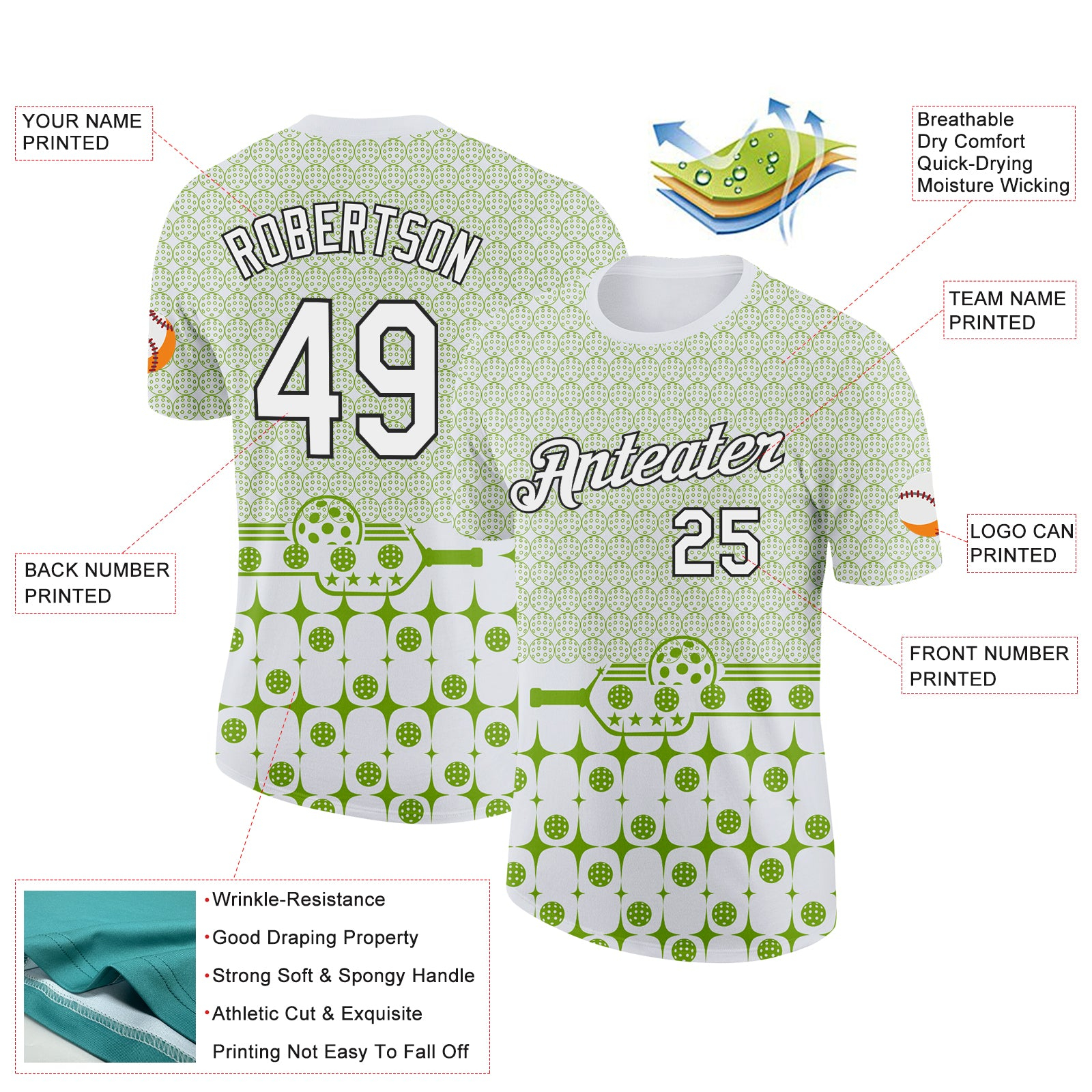 Custom Green White-Black 3D Pickleball Paddles Balls Performance T-Shirt