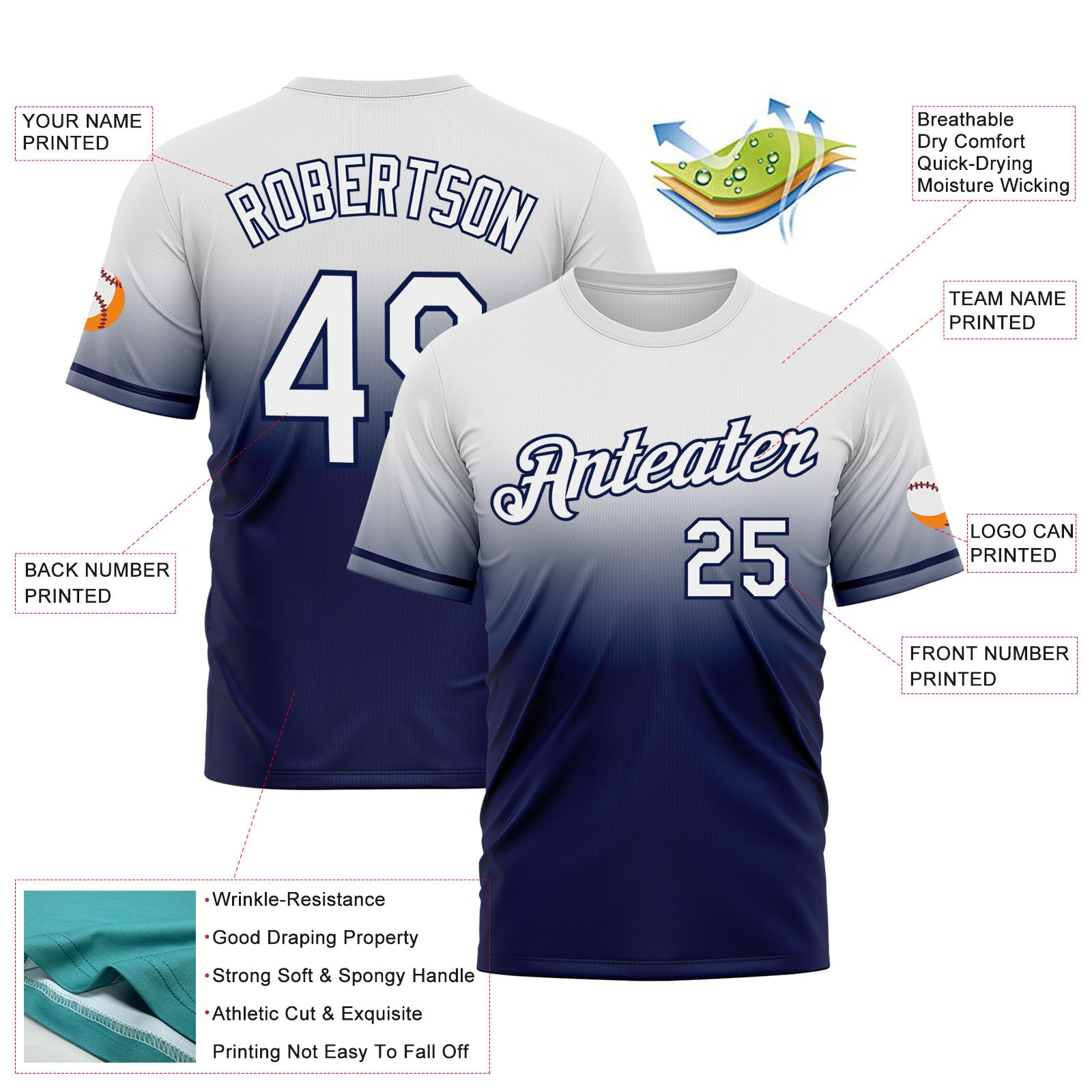 Custom White Navy Fade Fashion Performance T-Shirt