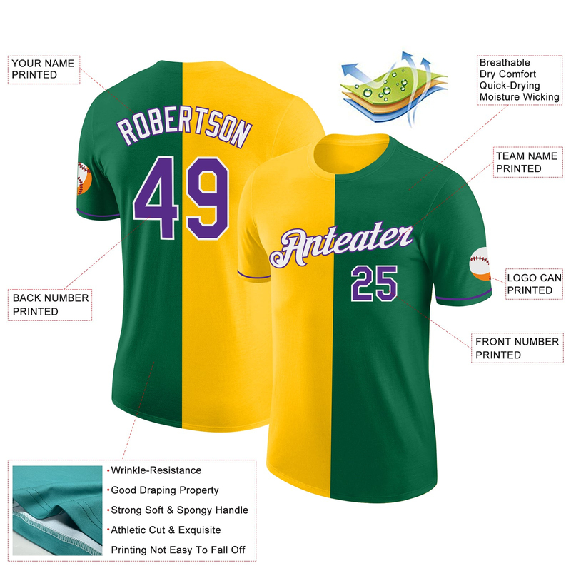 Custom Kelly Green Purple-Yellow Split Fashion Performance T-Shirt